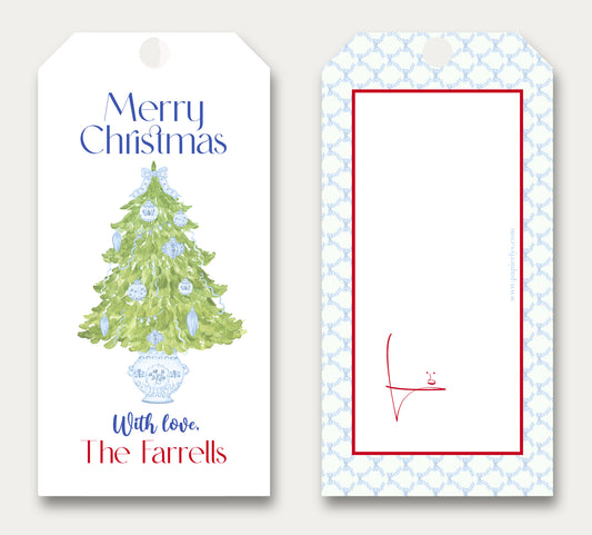 Gift Tag - Personalized Hand Illustrated Chinoiserie Christmas Tree - set of 12