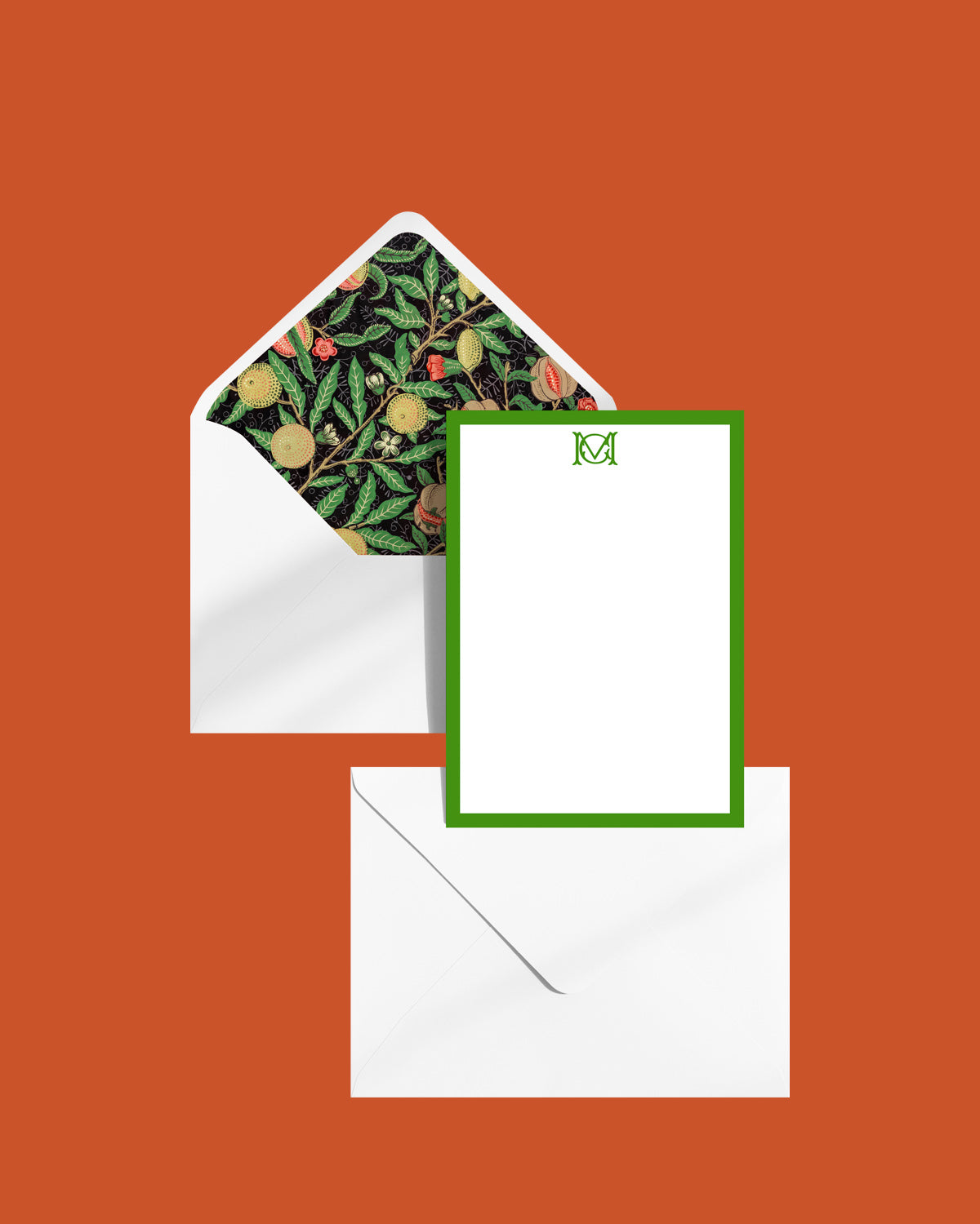 French Initials with Wm Morris "Fruit" Design - Set of 10 (incl. lined envelopes)