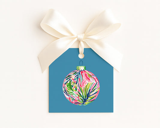 Gift Tag -  Multicolored Ornament on Aqua Background - set of 24