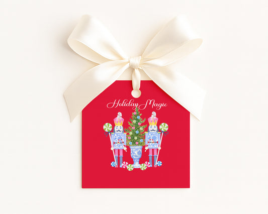 Square Gift Tag -  Watercolor Nutcrackers on Red Background - set of 24