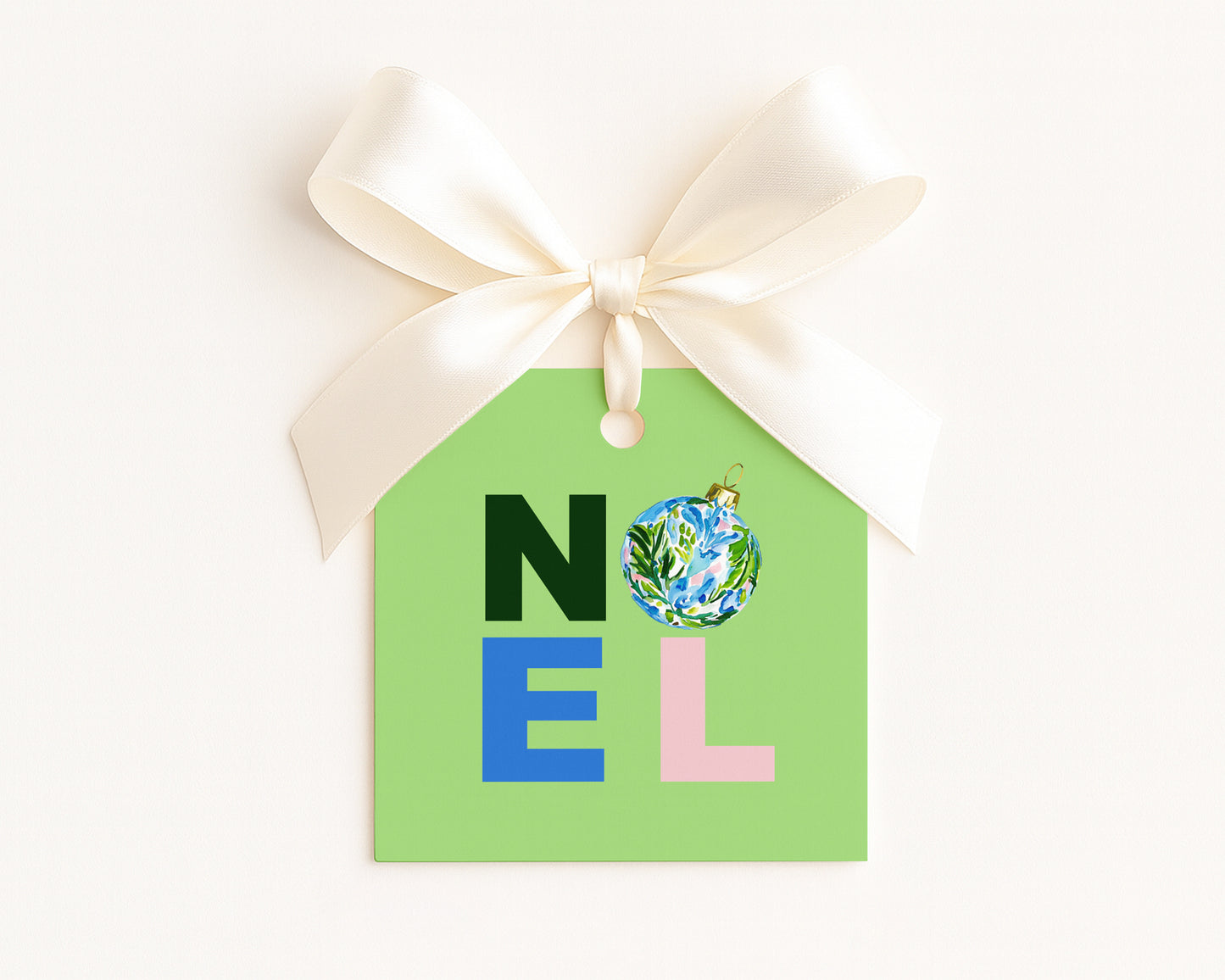 Square Gift Tag -  'Noel' with watercolor ornament  - set of 24