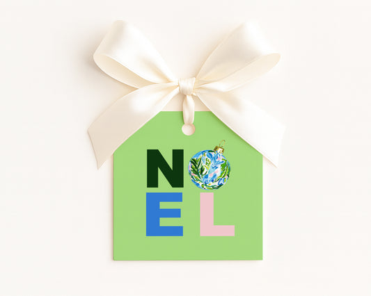 Square Gift Tag -  'Noel' with watercolor ornament  - set of 24