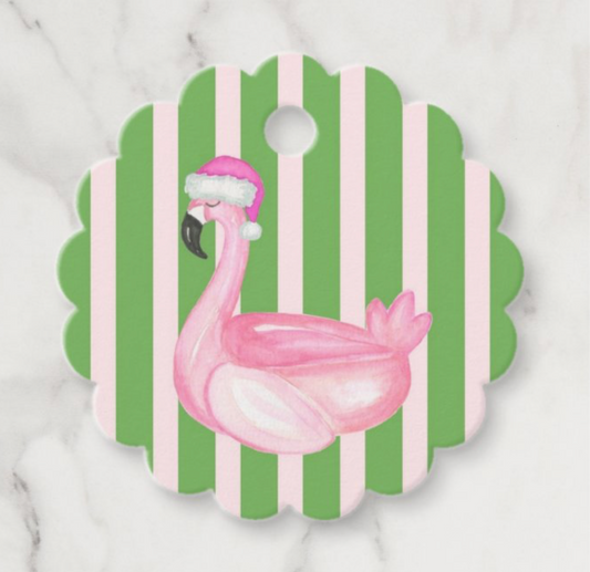 Round Scalloped Gift Tag -  Watercolor Flamingo - set of 24