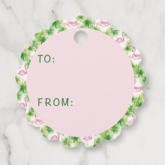Round Scalloped Gift Tag -  Watercolor Flamingo - set of 24