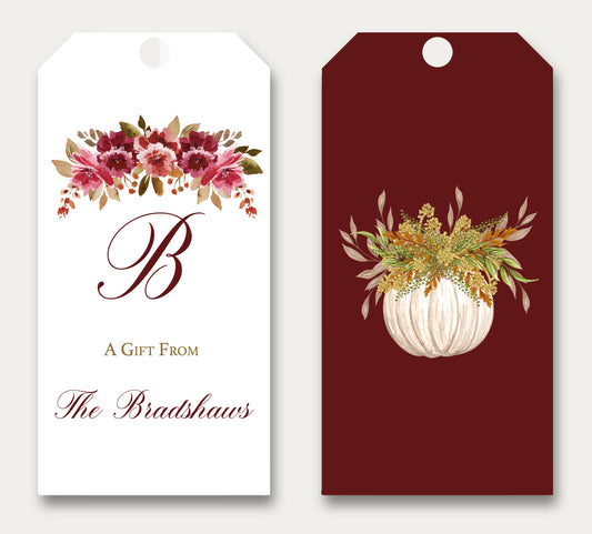 Gift Tag - Personalized Thanksgiving-Themed Tag With Autumn Florals and Pumpkin -  set of 12