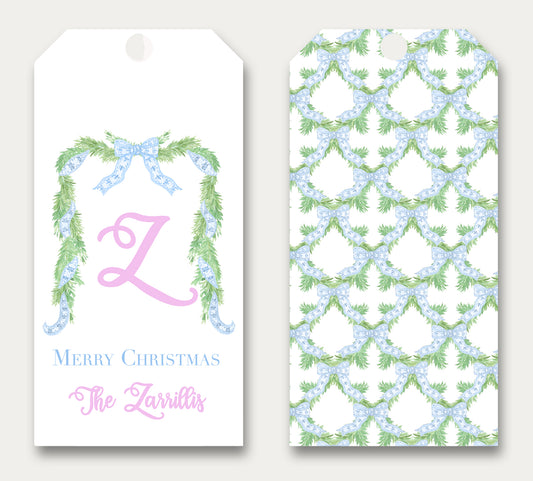 Gift Tag - Personalized Watercolor Chinoiserie With Evergreen Garland set of 12
