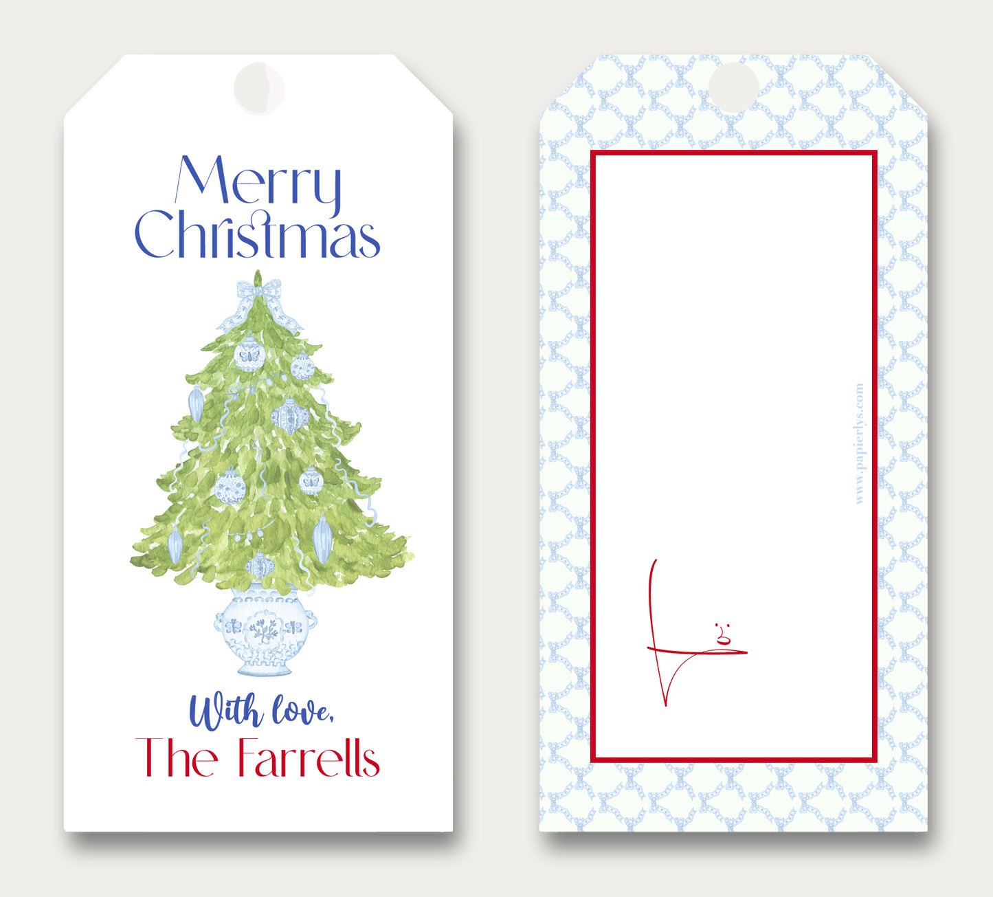 Gift Tag - Personalized Hand Illustrated Chinoiserie Christmas Tree - set of 12