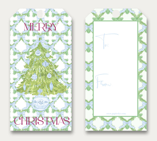 Gift Tag - Watercolor Blue & Green Chinoiserie - Merry Christmas - set of 12