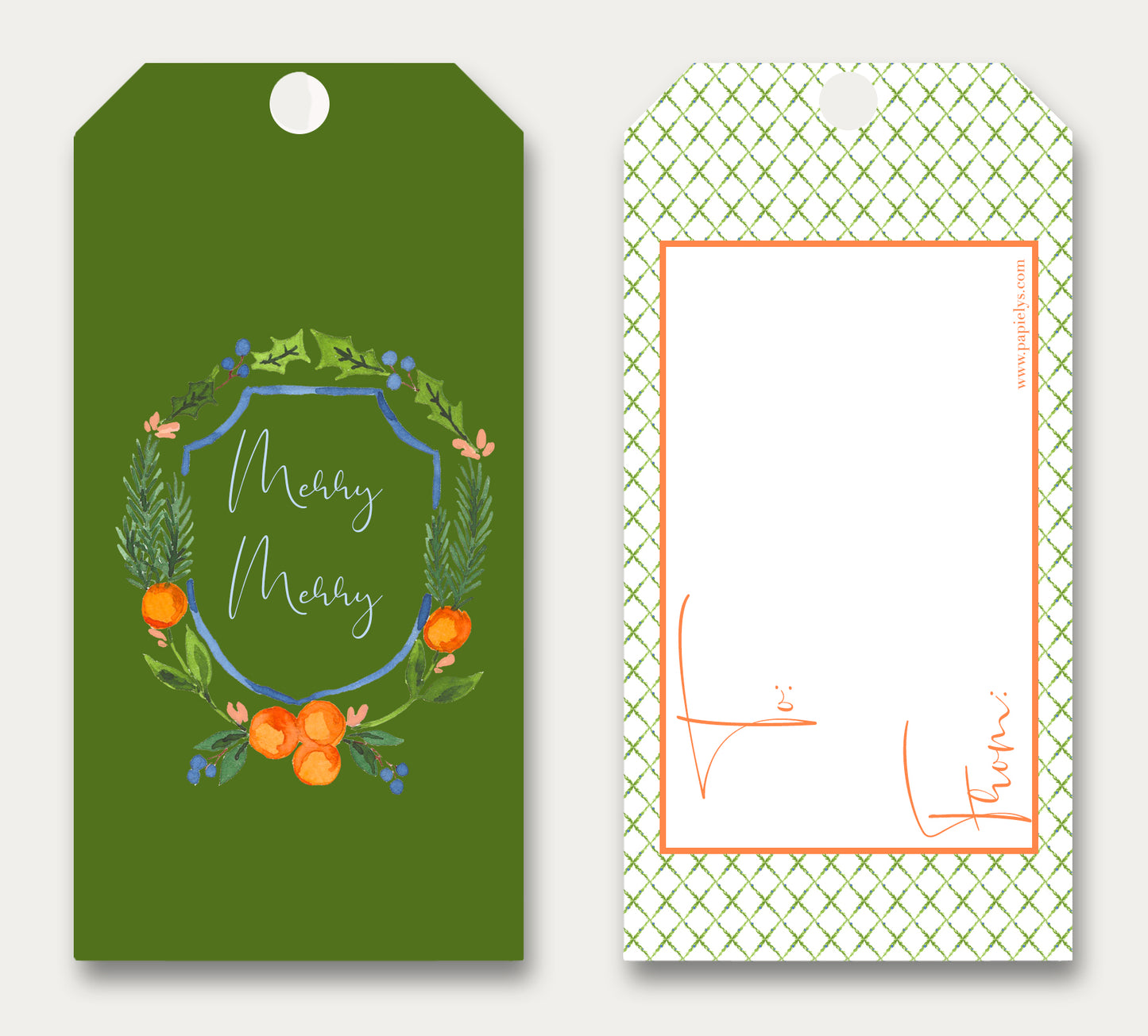 Gift Tag - Citrus & Evergreen Wreath - 'Merry Merry' set of 12